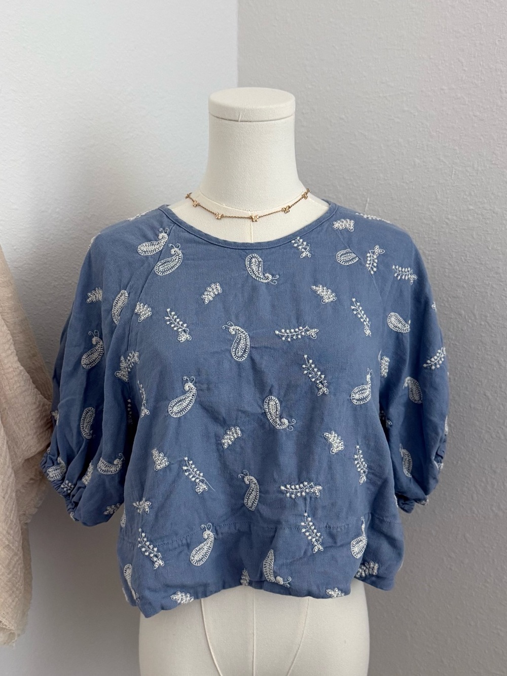 House of Harlow 1960 Blue Embroidered Linen Blend Blouse Medium